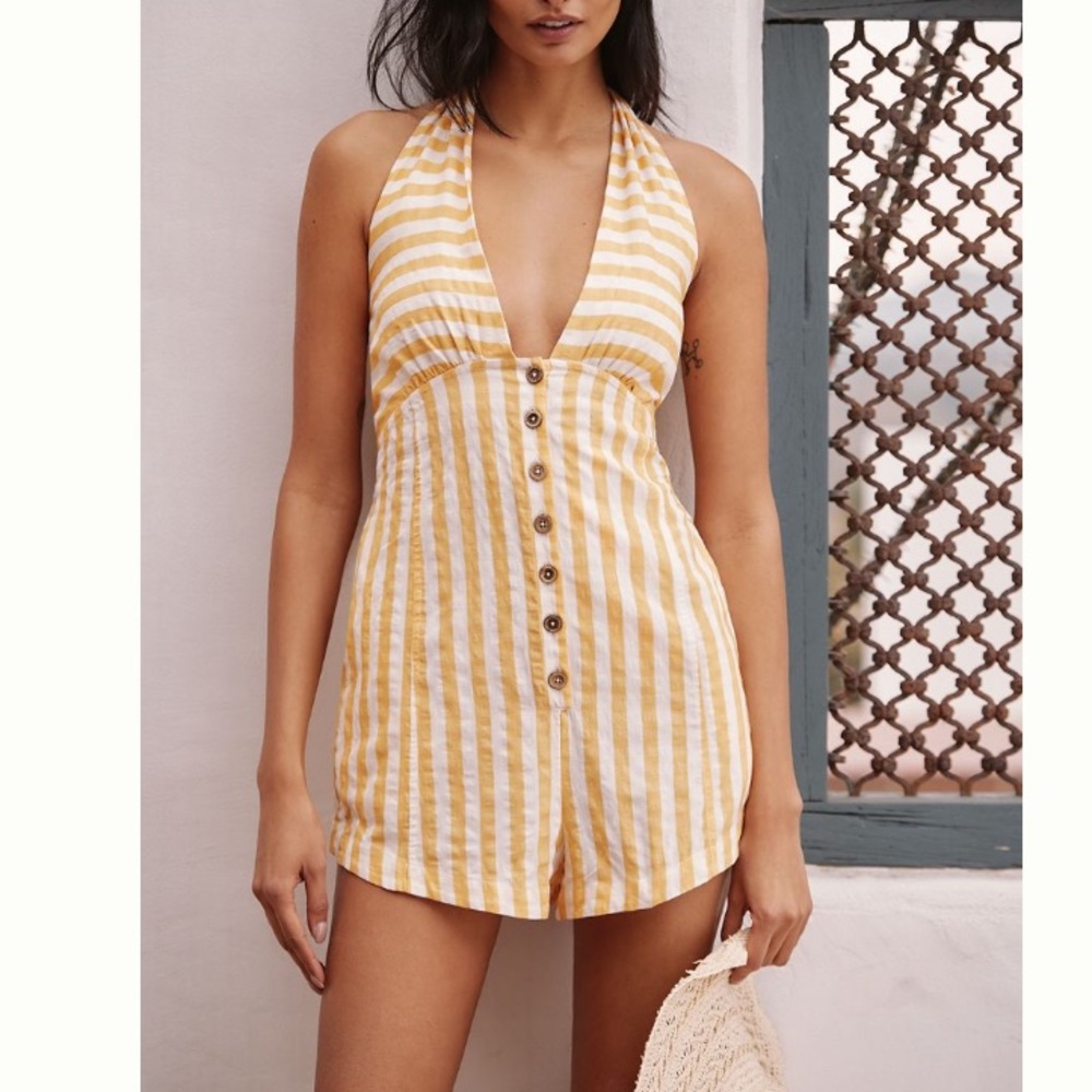 Striped Yellow Halter Romper - Women
